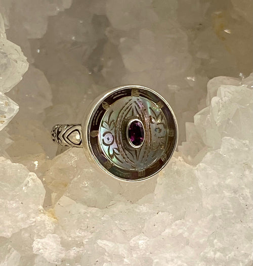 Victorian Carved Shell Antique Button with Amethyst Facet Center Stone set in Sterling Silver Ring Size 7-1/2