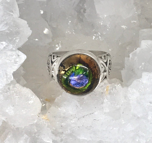 Antique Button Ornate Czech Glass Button Set in Sterling Silver Ring Design Size 7.5