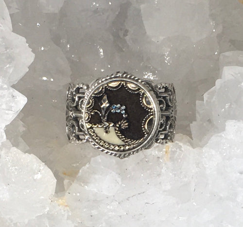 Victorian Perfume Button w/ Fleur Du Lys Button set in Sterling Silver Filigree Ring Design Size 7.5