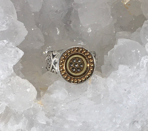 Victorian Celluloid with Glass Paste Floral Center Button set in Sterling Silver Ring Design Size 7.5