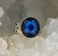 Victorian Facet Blue Glass in Metal Antique Button set in Sterling Silver Ring Size 7-1/2