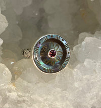 Victorian Carved Shell Antique Button with Garnet Facet Center Stone set in Sterling Silver Ring Size 7-1/2