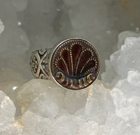 Victorian Perfume Velvet Lily Flowers set in Tinted Brass Antique Button set in Sterling Silver Ring Size 7-1/4
