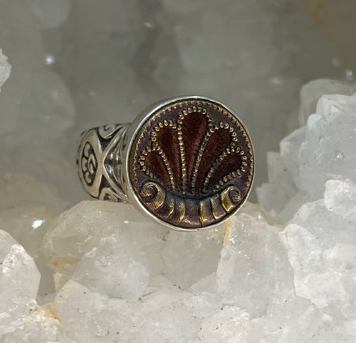 Victorian Perfume Velvet Lily Flowers set in Tinted Brass Antique Button set in Sterling Silver Ring Size 7-1/4