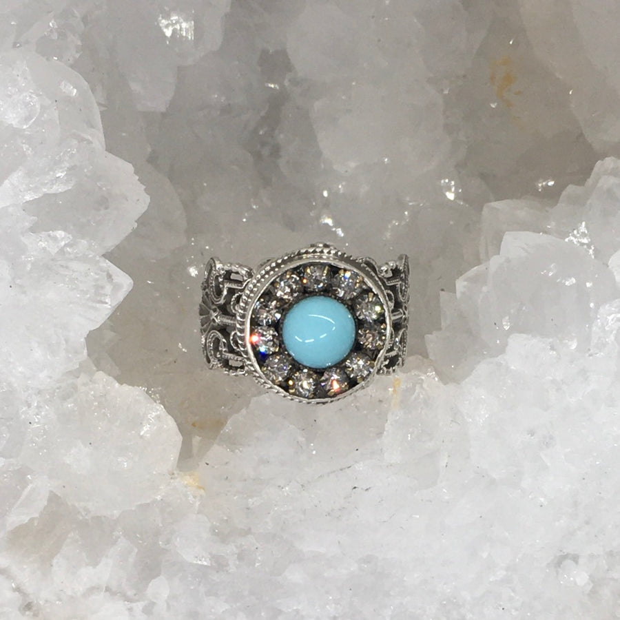 Victorian Blue Glass w/ Rhinestone Paste Border set in Sterling Silver Ring Size 7.5