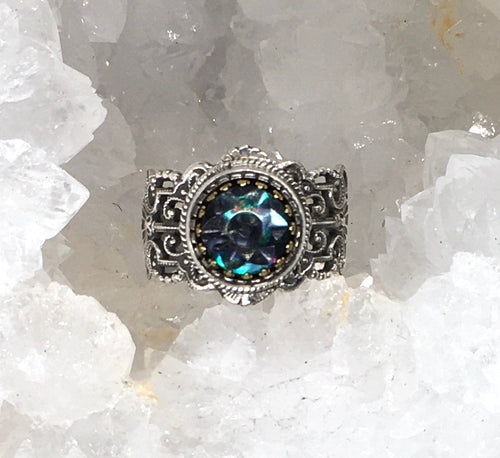 Victorian Tinted shell Button set in Sterling silver Filigree Ring Design Size 8