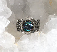 Victorian Tinted shell Button set in Sterling silver Filigree Ring Design Size 8