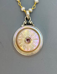 Victorian Carved Pearl Button with Tourmaline facet center Pendant 7/8" diameter set in Sterling Silver w/ Pearl Rosary