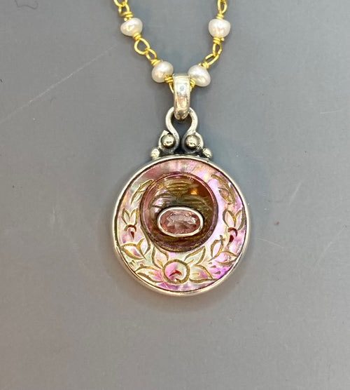 Victorian Carved Pearl Button with Tourmaline facet center Pendant 7/8" diameter set in Sterling Silver w/ Pearl Rosary