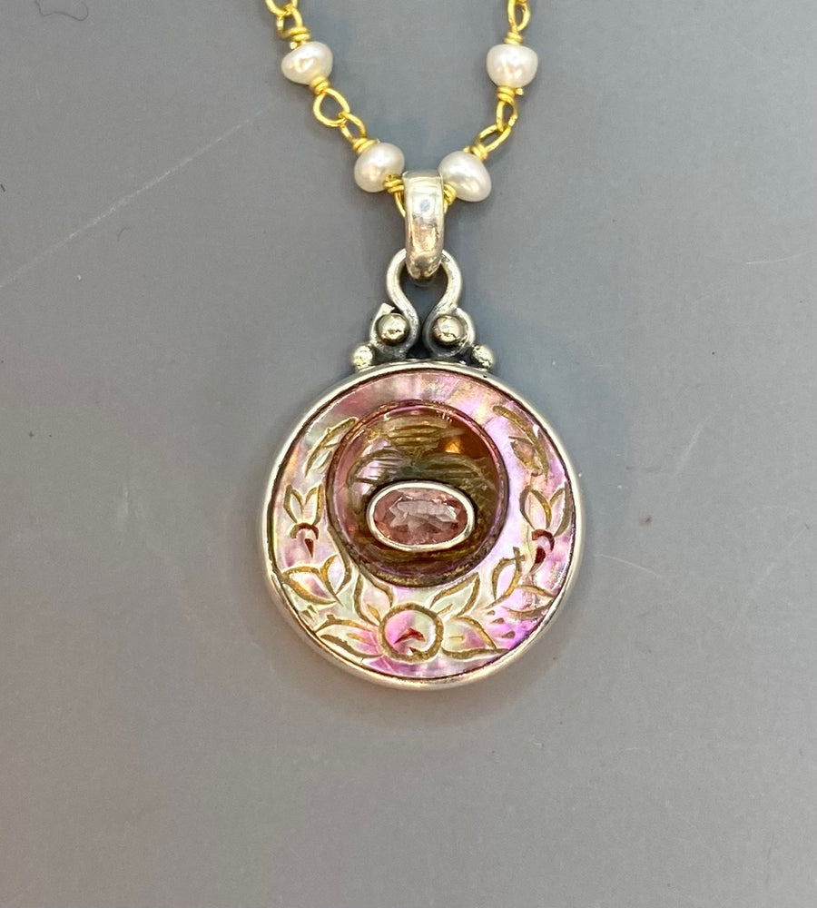 Victorian Carved Pearl Button with Tourmaline facet center Pendant 7/8" diameter set in Sterling Silver w/ Pearl Rosary