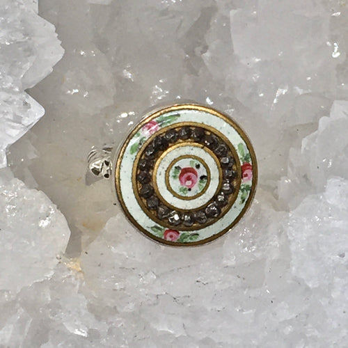 Victorian Enamel Floral w/ Steel Facet Button set in Sterling Silver Ring Design Size 8