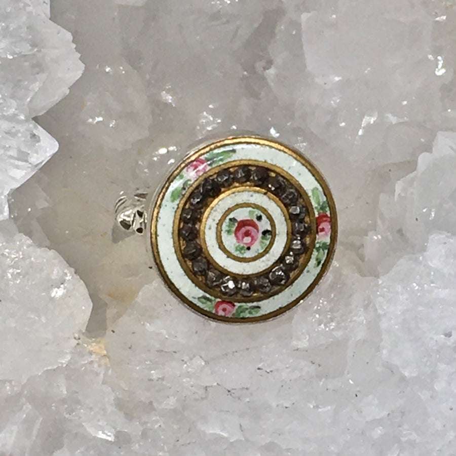 Victorian Enamel Floral w/ Steel Facet Button set in Sterling Silver Ring Design Size 8