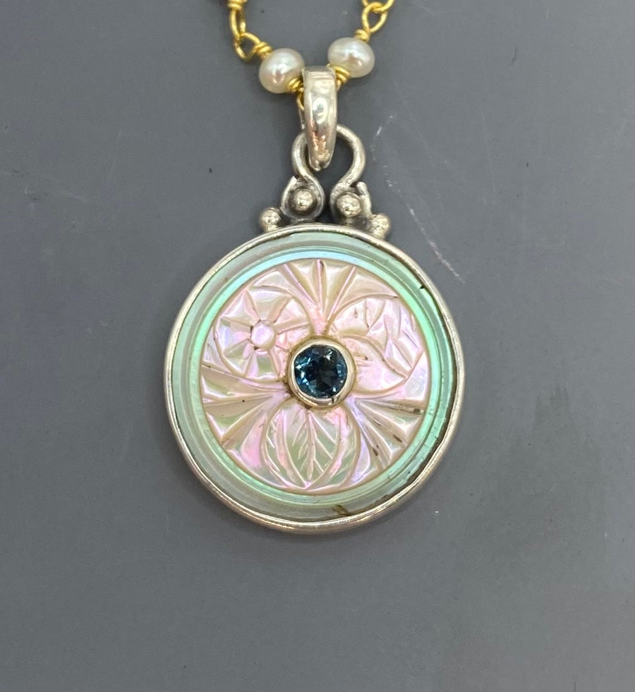 Victorian Carved Pearl Button with Tourmaline facet center Design Pendant 7/8" diameter set in Sterling Silver w/ Pearl Rosary