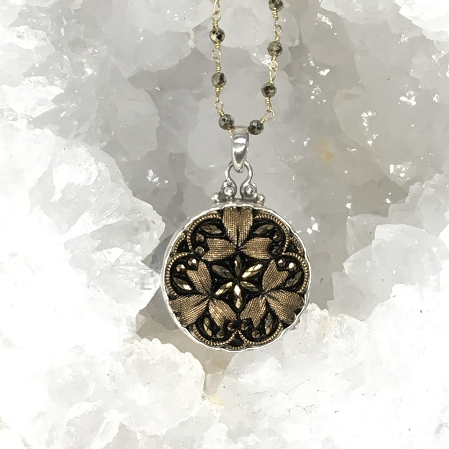 Vintage Luster Gold & Black Czech Glass Button set in sterling Silver Pendant w/ Pyrrite Stone Rosary