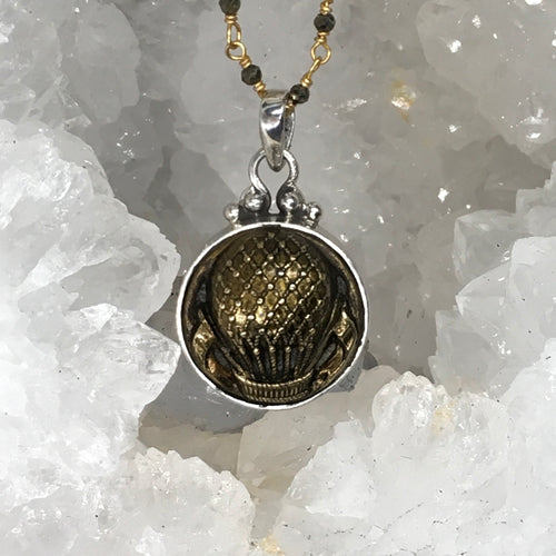 Victorian Metal Hot Air Balloon Button set in Sterling silver pendant w/ stone Rosary accent