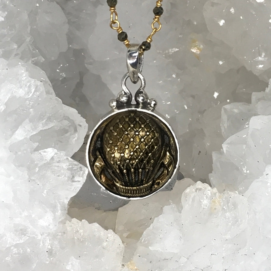 Victorian Metal Hot Air Balloon Button set in Sterling silver pendant w/ stone Rosary accent