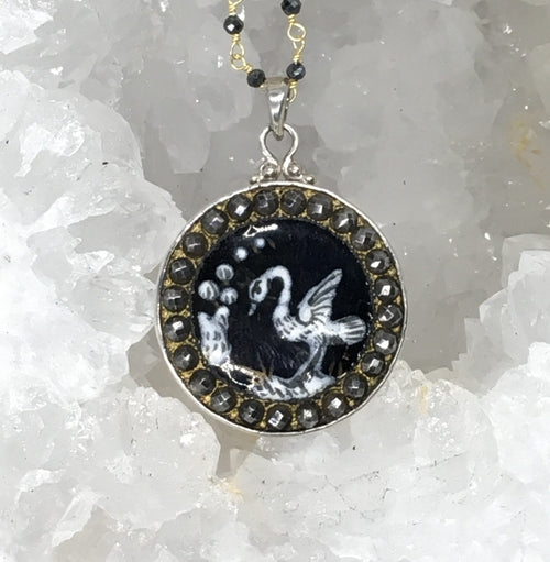 Victorian Black & White Enamel Bird w/ Steel Facet Border set in Sterling Silver Pendant w/ Spinnel facet Rosary