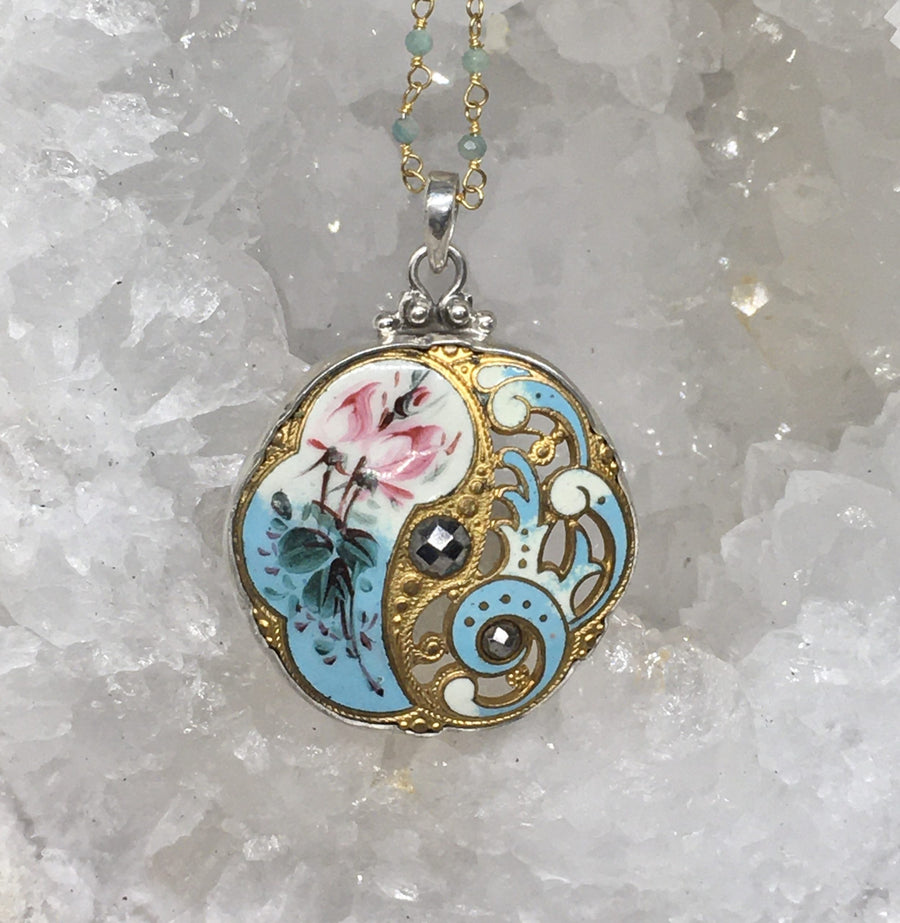 Victorian Blue Enamel Button set in sterling silver Pendant w/ Amazonite Stone Rosary Accent