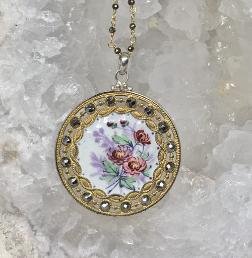 Victorian Floral White Enamel W/ Open Work Metal & Steel Accent Border Button set in sterling silver Pendant w/ Pyrite Stone Rosary Accent