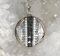 Victorian Carved Pearl Ornate Floral Button with Steel Carved Center Design Button set in sterling Silver Pendant w/ Sterling Chain Accent