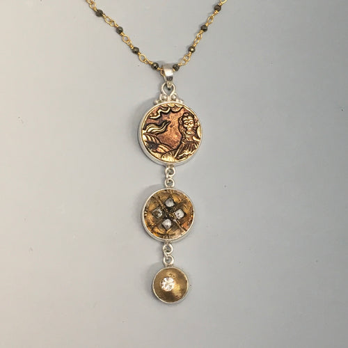 Victorian Three Button Drop Necklace set in Sterling Silver Pendant w/pyrite Stone necklace