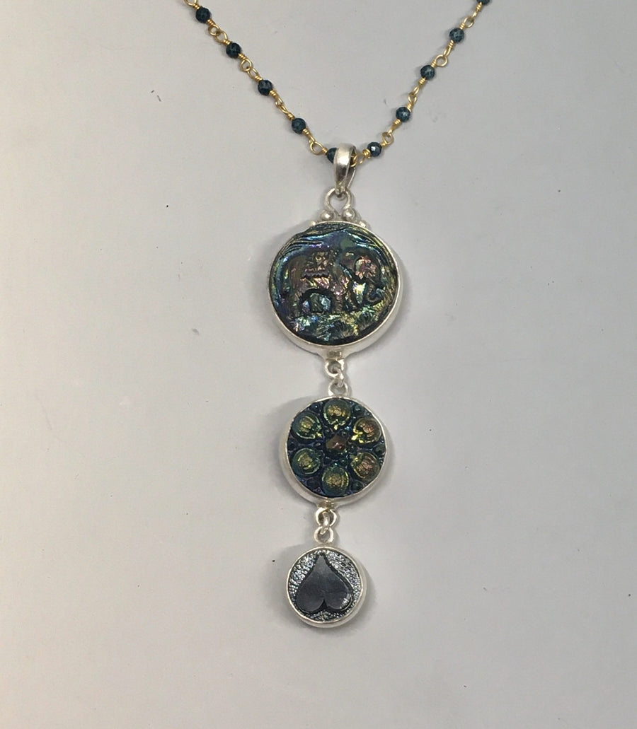 Victorian Three Button Drop Luster Glass Necklace set in Sterling Silver Pendant w/ spinnel Stone necklace
