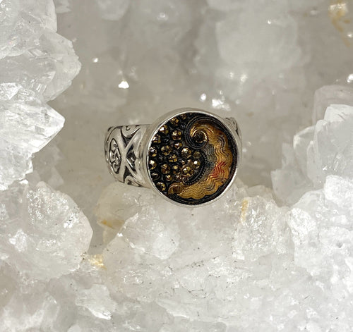 Victorian Lacy Glass Button Ring set in Sterling Silver Size 7.5
