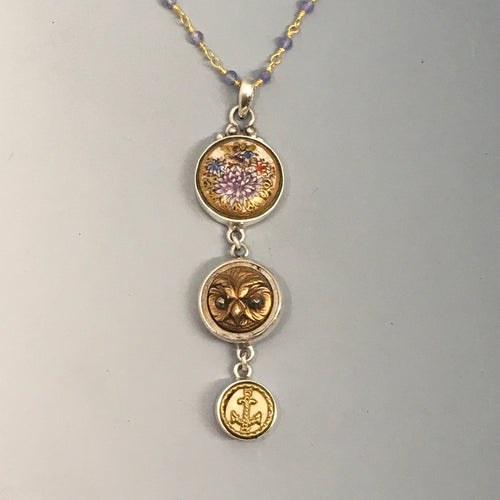 Victorian Three Button Drop Necklace set in Sterling Silver Pendant w/ pyrite Stone necklace