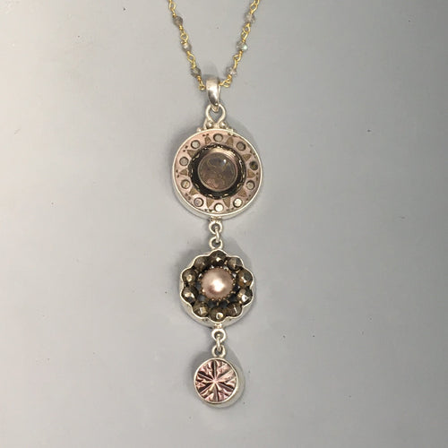 Victorian Three Button Drop Necklace set in Sterling Silver Pendant w/ labradorite Stone necklace