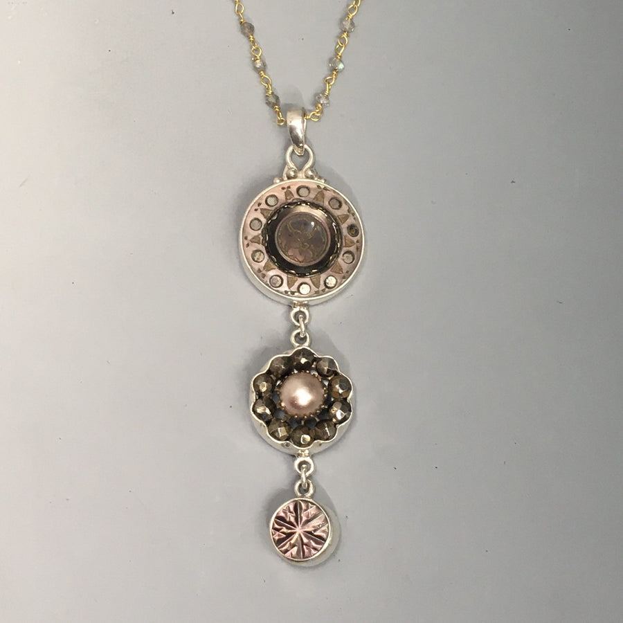 Victorian Three Button Drop Necklace set in Sterling Silver Pendant w/ labradorite Stone necklace