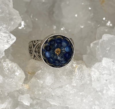 Victorian Lacy Glass Button Ring set in Sterling Silver Size 7.5