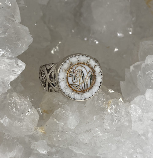 Victorian Czech Glass Button Ring set in Sterling Silver Size 7.5