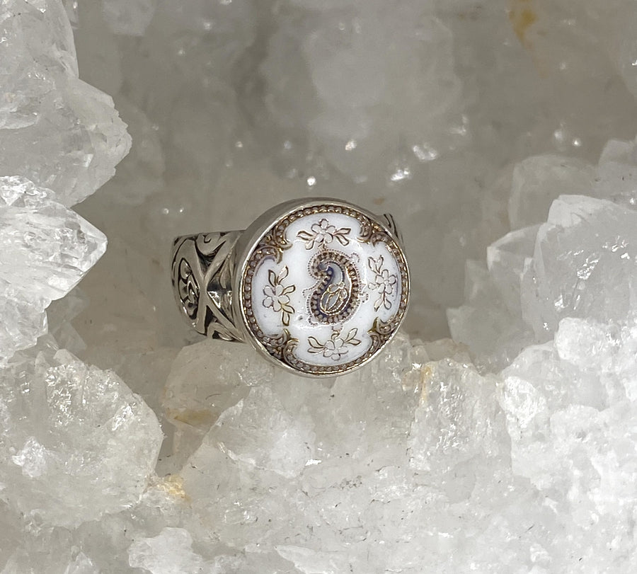 Victorian Czech Glass Button Ring set in Sterling Silver Size 7