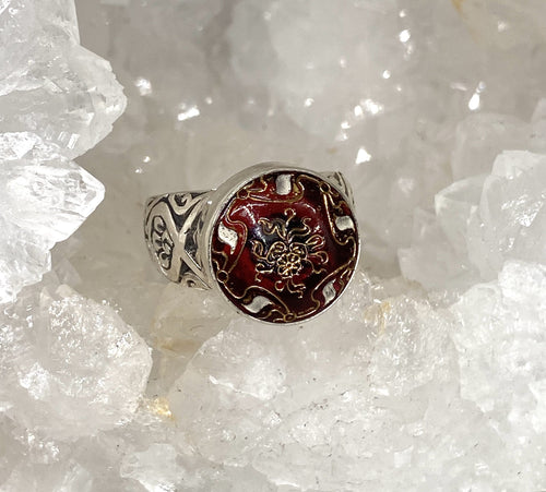 Victorian Czech Glass Button Ring set in Sterling Silver Size 7