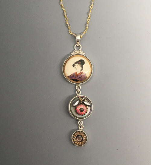 Victorian Three Button Drop Necklace set in Sterling Silver Pendant w/ labradorite Stone necklace