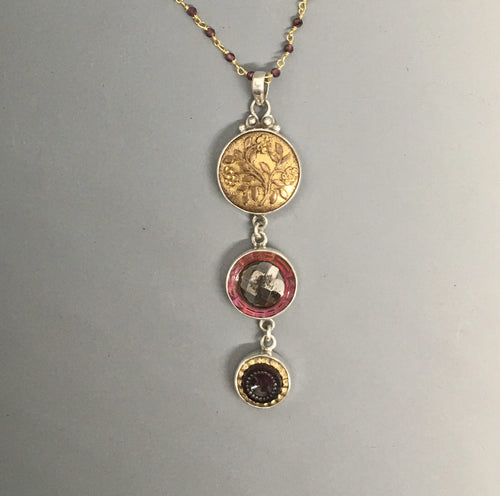 Victorian Three Button Drop Necklace set in Sterling Silver Pendant w/ garnet Stone necklace