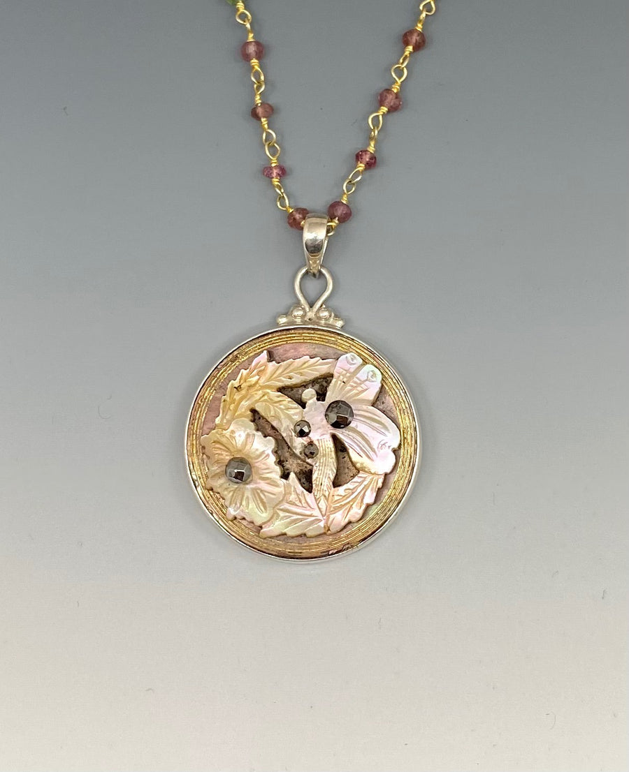 Victorian Carved Shell Tinted Iridescent Butterfly Button w/ Steel Facet Accent set in Sterling Silver w/ Garnet Necklace