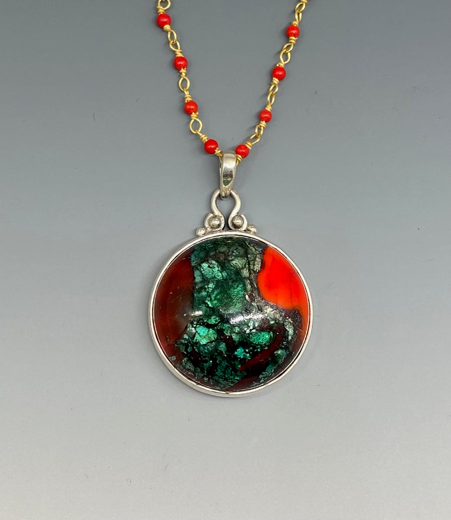Leo Popper Two Tone Glass Button set in Sterling Silver accented w/ Coral Glass necklace