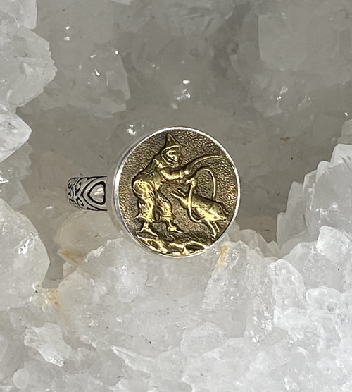 Victorian Picture Metal Button Ring set in Sterling Silver Size 7