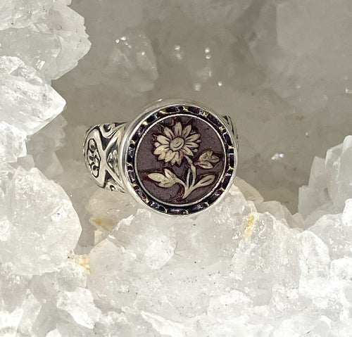 Victorian Ivroid Floral Tinted Button set in Sterling Silver Ring Size 7