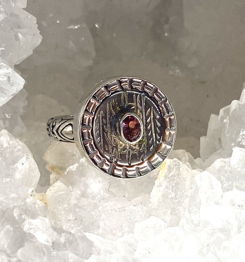 Victorian Carved Shell w/ Garnet Center Button Ring set in Sterling Silver Size 7.5