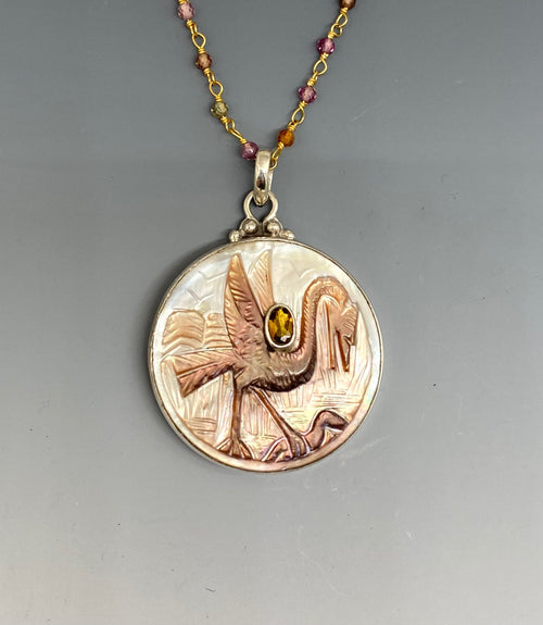 Victorian Carved Shell Tinted Bird Button w/ Tourmaline Facet Stone Center set in Sterling Silver w/ Garnet Necklace