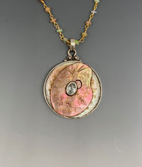 Victorian Carved Shell Button Painters Pallet set in Sterling Silver w/ Aquamarine Center Stone and Ethiopian Opal Necklace