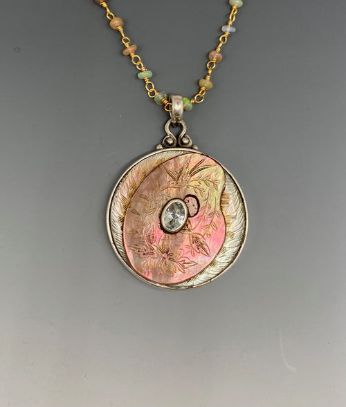 Victorian Carved Shell Button Painters Pallet set in Sterling Silver w/ Aquamarine Center Stone and Ethiopian Opal Necklace