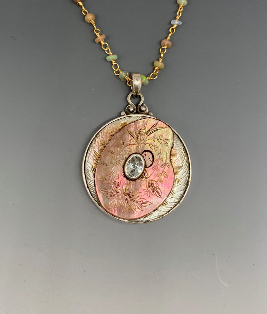 Victorian Carved Shell Button Painters Pallet set in Sterling Silver w/ Aquamarine Center Stone and Ethiopian Opal Necklace