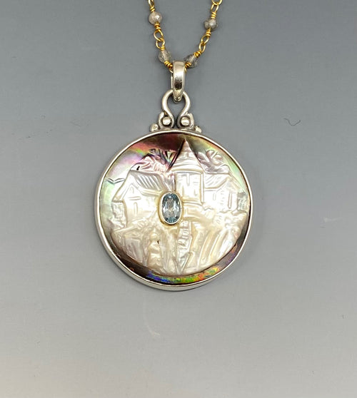 Victorian Carved Shell Tinted Castle Button w/ Aqua Marine Facet Stone Center set in Sterling Silver w/ Labradorite Necklace