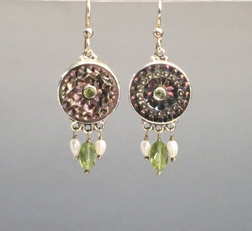 Victorian Carved Pearl floral Button w/ Tourmaline Stone center set in Sterling Silver Earring w/ Peridot & pearl accent