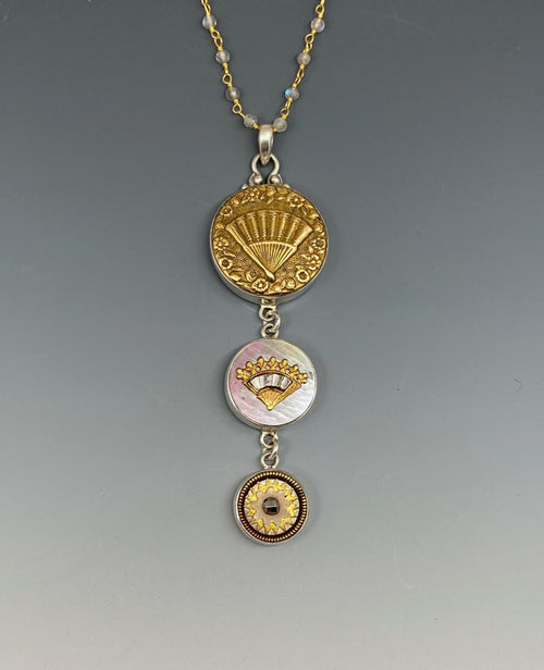 Victorian Three Button Drop w/Fans set in Sterling Silver Accented with Labradorite Stone Necklace
