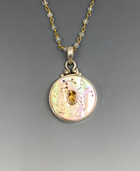 Victorian Carved Shell Tinted Bird Button set in Sterling Silver w/ Aquamarine Necklace