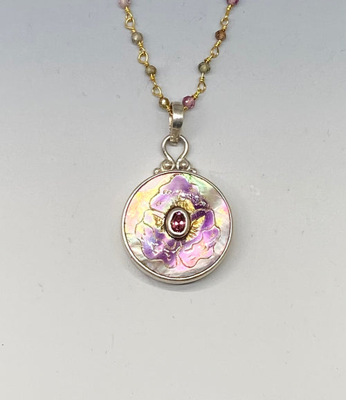 Victorian Carved Shell Tinted Floral Button w/ Aqua Marine Facet Stone Center set in Sterling Silver w/Garnet Necklace
